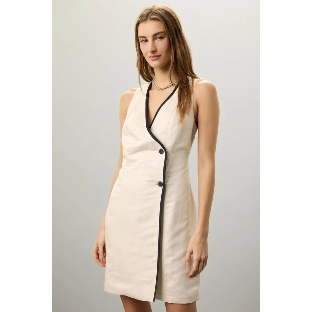 Love Whit by Whitney Port Wrap Mini Suiting Dress Womens 4 Beige Black Trim